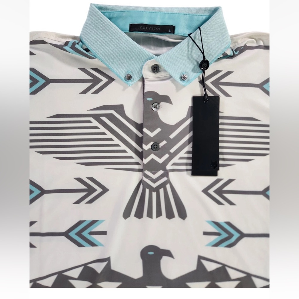 Greyson Rocky Mountain High Men’s Polo – Arctic White – Eagle Print – With Tags